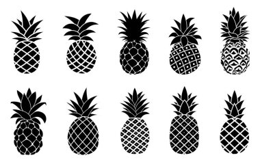 Siluet Ananas Tropikal Meyve Sembolü seti. Vektör İllüstrasyonu. Satır ve Harf. Kart, Sancak.
