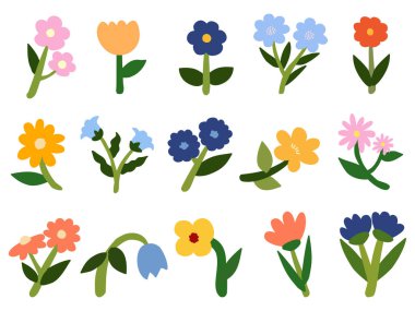 Yeşil yapraklı, çeşitli şekil ve boyutlarda, renkli bahar çiçeklerinin düz vektör koleksiyonu, oyuncu, el çizimi tarzda beyaz bir arkaplanda düzenlenmiştir..