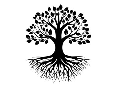 Yaşam ağacı siluet logosu kök ve dal dizayn vektör şablonu yayıyor. El çizimi izole çizimler.