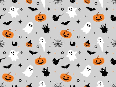 Gri arka planda şirin, cadılar bayramı kusursuz desen. Cadılar Bayramı karakterleri, çizgi film hayaletleri, balkabağı, yarasalar. Kumaş dokusu, dekorasyon, ambalaj kağıdı için baskı. Vektör illüstrasyonu