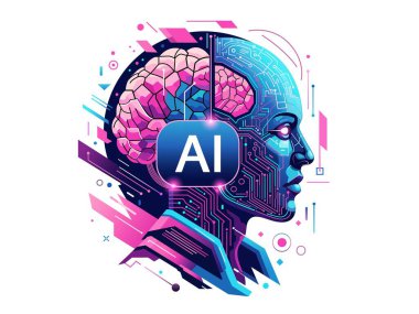 Fütürist yapay zeka konsepti. Teknoloji için yarı insan, yarı dijital beyin. illüstrasyon vektörü.