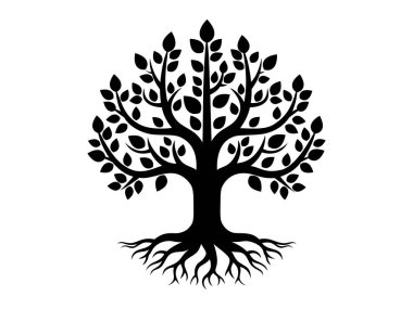 Yaşam Ağacı konsepti veya doğa logosu için yaprak silueti olan siyah ağaçlar ve kökler. Ağaç ve kökler LOGO biçimi.