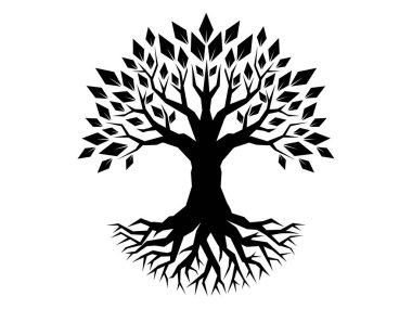 Yaşam Ağacı konsepti veya doğa logosu için yaprak silueti olan siyah ağaçlar ve kökler. Ağaç ve kökler LOGO biçimi.