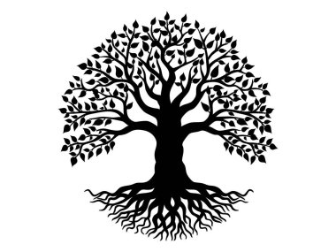 Yaşam Ağacı konsepti veya doğa logosu için yaprak silueti olan siyah ağaçlar ve kökler. Ağaç ve kökler LOGO biçimi.