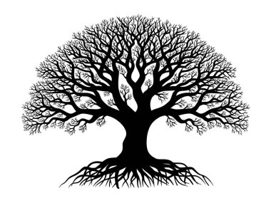 Yaşam Ağacı konsepti veya doğa logosu için yaprak silueti olan siyah ağaçlar ve kökler. Ağaç ve kökler LOGO biçimi.