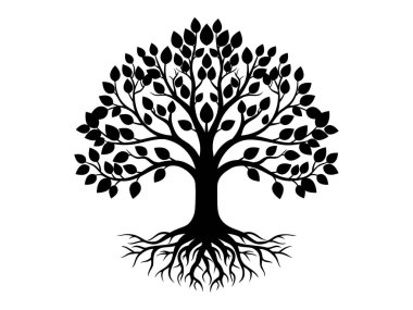 Yaşam Ağacı konsepti veya doğa logosu için yaprak silueti olan siyah ağaçlar ve kökler. Ağaç ve kökler LOGO biçimi.