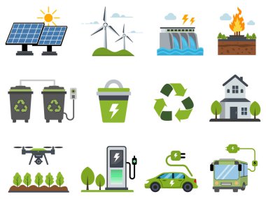Teknoloji yeşil enerji ikonlarının toplanması, temiz enerji, yenilenebilir enerji ve doğal kaynakları korumak için geri dönüşüm. vektör düz tasarım biçimi.