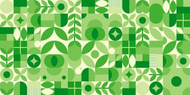 Yeşil çevre dostu sembol, doğanın soyut şekilleriyle şekillendirilmiş kusursuz mozaik desen çizimi. Taze organik arka plan baskısı. Minimalist çevre şekli dokusu, geometri kolajı.