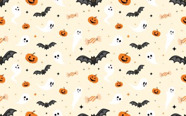 Cadılar Bayramı şablonu çeşitli ikonik elementlere sahip düz bir stil içerir. Tekstil, duvar kağıtları ve şenlik dekorasyonları için kusursuz bir arka plan..