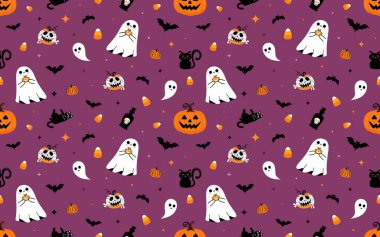 Cadılar Bayramı şablonu çeşitli ikonik elementlere sahip düz bir stil içerir. Tekstil, duvar kağıtları ve şenlik dekorasyonları için kusursuz bir arka plan..