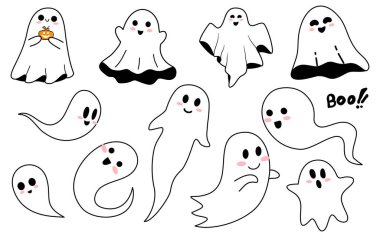 Tatlı Hayaletler Cadılar Bayramı Çizgi Film Yapıştırmaları Sembol Koleksiyonu. Vektör İllüstrasyonu.