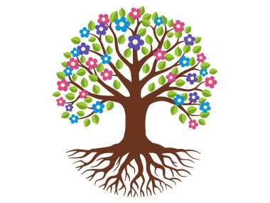 Ağaçlar ve kökler yeşil yapraklarla, çiçekler güzel ve ferahlatıcı görünüyor. Ağaç ve kökler LOGO tarzı. Vektör illüstrasyon düz tasarım biçimi.