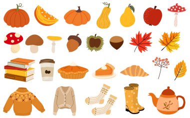Balkabakları, yapraklar, yiyecekler ve rahat kıyafetler de dahil olmak üzere hoş sonbahar elementlerinden oluşan büyüleyici bir vektör seti. Sonbahar tasarımları için mükemmel.