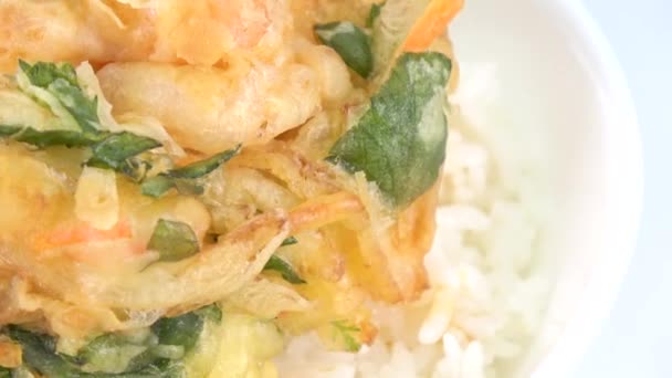 Темпура Какіаге Рисова Чаша Японська Традиційна Їжа Какіагедон — стокове відео
