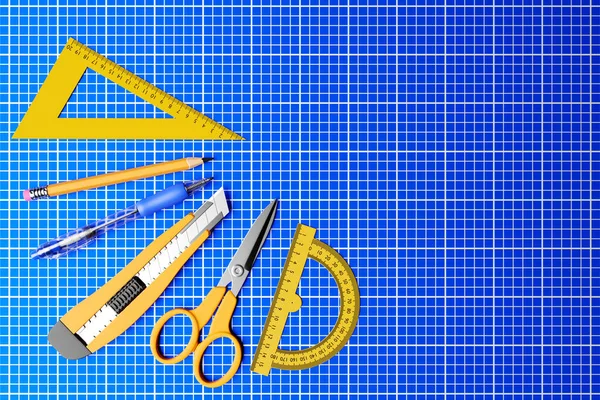 Illustration Yellow Cutter Scissors Pencil Pen Ruller Blue Background Render — Stock Photo, Image