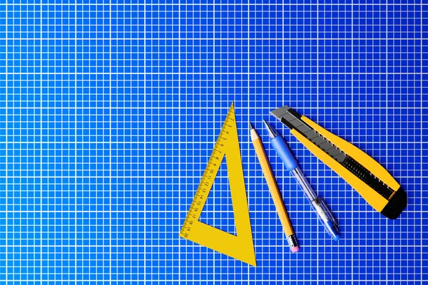 Illustration Yellow Cutter Pencil Pen Ruller Blue Background Render Illustration — Stockfoto