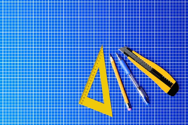 Illustration Yellow Cutter Pencil Pen Ruller Blue Background Render Illustration — Foto de Stock