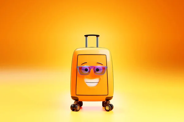 黄色の背景にカラフルなメガネで黄色のスーツケースや荷物 夏休みや休日の概念の3Dレンダリング — ストック写真