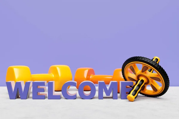 Inscription Welcome Background Yellow Dumbbell Roller Burgundy Background Sports Invitation — Foto de Stock