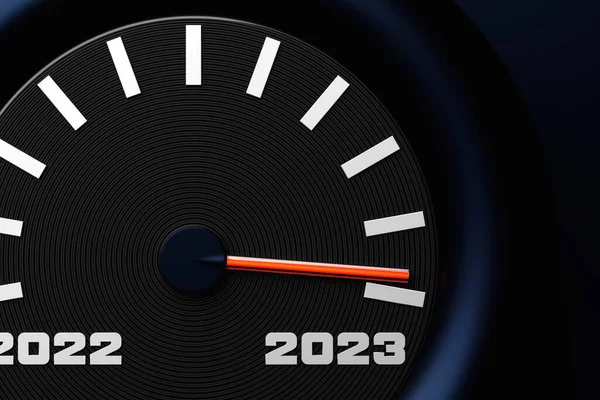 3D illustration close up black speedometer with cutoffs 2022,2023 and calendar months. The concept of the new year and Christmas in the automotive field. Counting months, time until the new yea