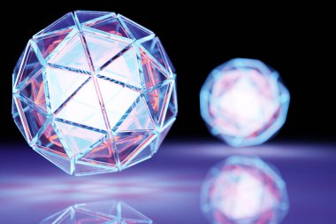 3D illustration of a   blue lighting    ball  with many faces, crystals scatter on a background.  Cyber ball sphere