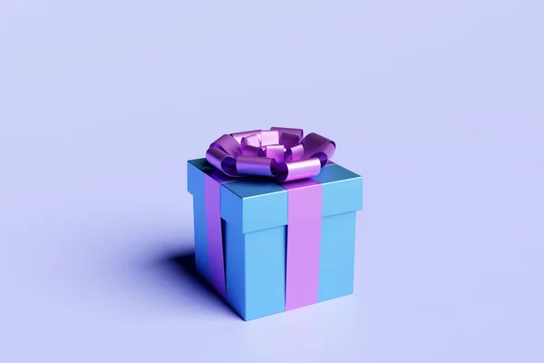 3d illustration of gift in a beautiful purple packaging box, a satin ribbon bow on a blue background. Holiday attributes, gift set