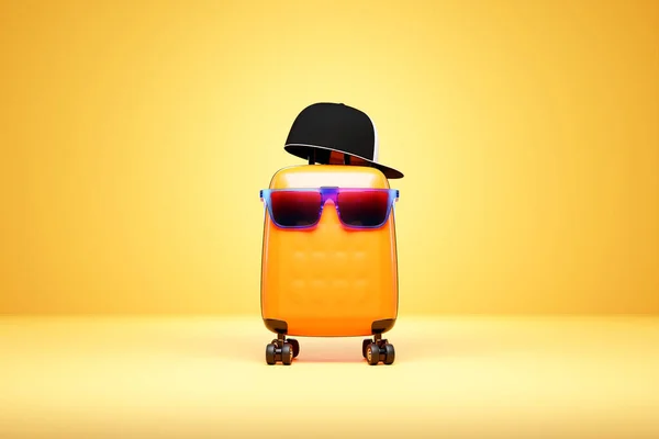 黄色のスーツケースや荷物でカラフルな眼鏡や黄色の背景にキャップ 夏休みや休日の概念の3Dレンダリング — ストック写真