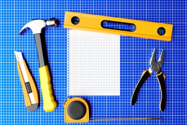 Construction tools. Hand tool for home repair and construction. Pliers cutter, tape, ratchet, pliers, level . 3D illustration