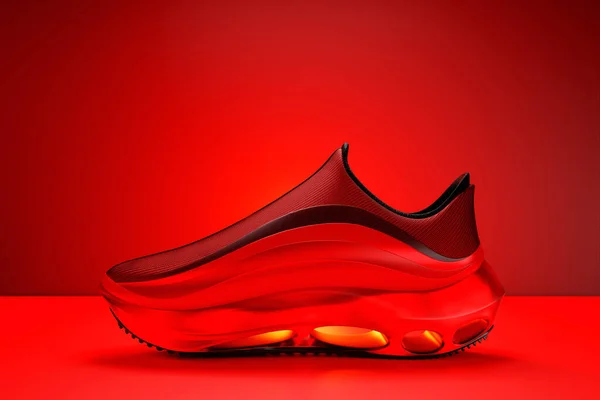 Red Sneakers High Soles Isolated Red Background Rendering — 图库照片