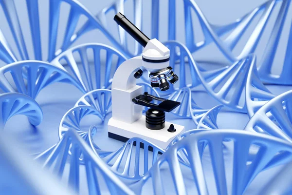 Illustration Realistic Laboratory Microscope Dna Molecules Blue Background Chemistry Pharmaceutical — 스톡 사진