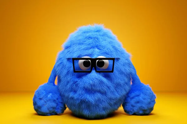 Illustration Funny Furry Blue Monster Eyes Glasses Yellow Isolated Background — Zdjęcie stockowe