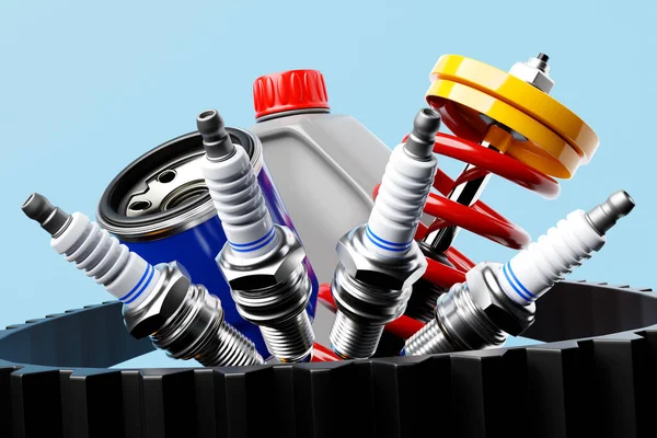 Illustration Auto Parts Car Spark Plugs Shock Absorber Oil Canister — Zdjęcie stockowe