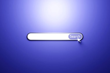 Mavi arka planda bir internet arama sayfasının üç boyutlu çizimi. Arama çubuğu simgeleri