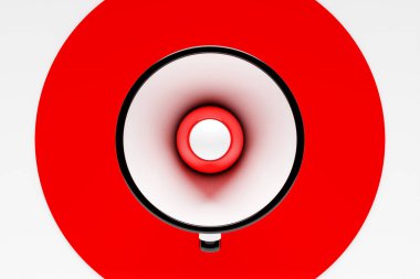 Megafon hoparlörü ya da megafon, gerçekçi 3D illüstrasyon. Zili ve sapı olan modern izole megafon hoparlörü, cankurtaran acil sinyali ve anonslar için hoparlör.