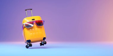 A yellow suitcase with multi-colored glasses  on a  blue background. 3d rendering. Adventure vacation concept