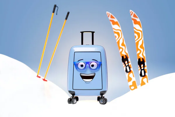 Cheerful blue luggage with skis. Layout for creating advertising media about ski tourism, 3d travel and transport concept design
