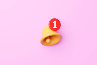 3D illustration of a yellow bell with a new social media reminder notification on pink background. 