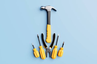 3D illustration of a metal hammer with a yellow handle, screwdrivers, pliers hand tools isolated on a white background. 3D render and illustration of repair and installation tool
