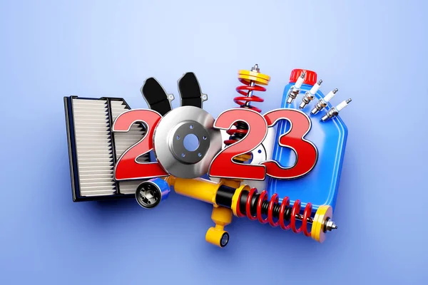 Illustration Inscription 2023 Auto Parts Car Blue Isolated Background Car — Stock Photo, Image