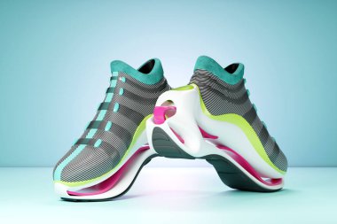 3d illustration of sneakers with bright gradient holographic print. Stylish concept of stylish and trendy sneakers