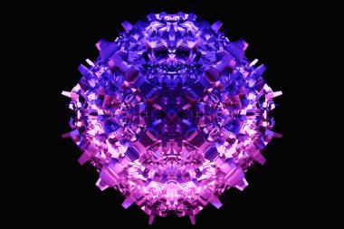 Abstract dynamic  purple  shape with many faces, sides on a  black  isolated background. 3D illustration and rendering. Elegant line background.