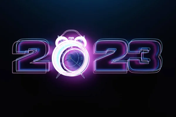 Close-up of  calendar header number 2023  with   transparent pink neon retro clock on a black background, 3D illustration. Changeability of years.
