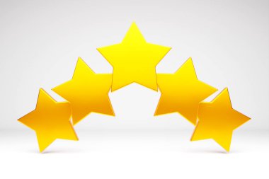 3D illüstrasyon 5 altın yıldız beyaz izole arka planda duruyor. Restoranların, otellerin ve diğerlerinin değerlendirme konsepti. Birinci sınıf yıldız puanı