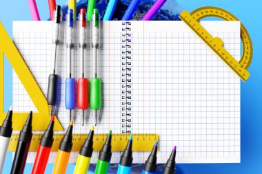 School stationery.  Colored pencils, colored ink pens, a regular pencil with a red rubber band, rulers, globe,  blank notebook pages  and others  on a  blue background. 3D illustration. 