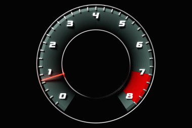 3D illustration close up black car panel, digital bright tachometer. 