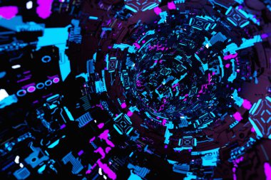 3d illustration of a portal from a circle,  walkway.  A close-up of a   colorful   round monocrome tunnel.