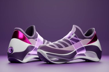 3d illustration of sneakers with bright gradient holographic print. Stylish concept of stylish and trendy sneakers