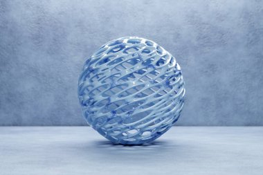 3D illustration of a    xblue plastic   ball  with many holes on a  blue  background.  Cyber ball sphere