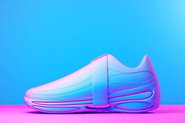 3D illustration of a concept shoe for the metaverse. Colorful  sports boot sneaker on a high platform.