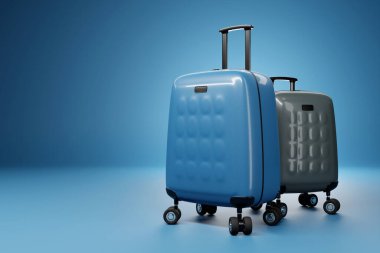 Close-up of two blue and gray travel suitcases on wheels on a pink background. 3d rendering